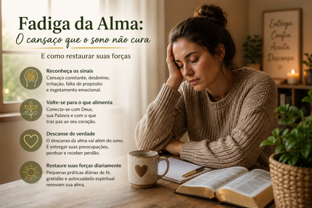 Mulher refletindo em momento de cansaço emocional, representando a fadiga da alma e a busca por restauração espiritual